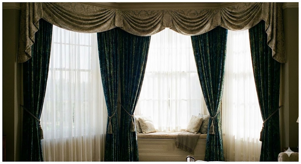 Layered curtains on a bay window