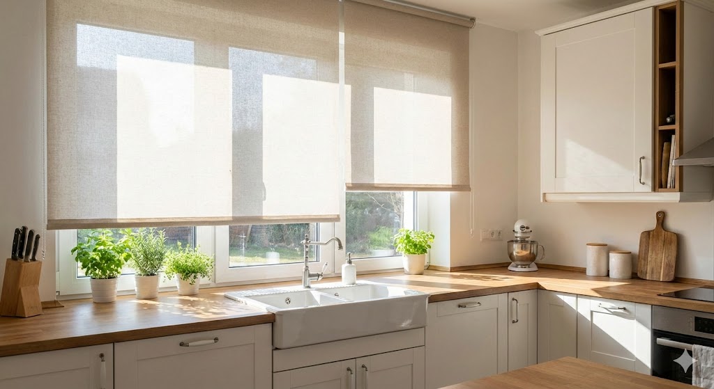 Roller blinds in a bright kitchen