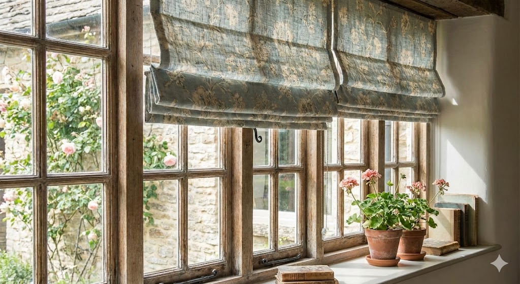 Roman blinds over a cottage window